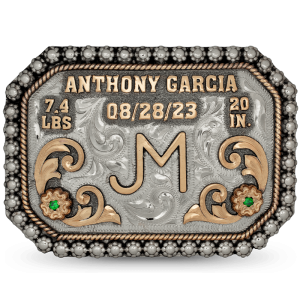 A custom belt buckle for kids featuring bronze lettering for name, weight, birthday and height, with a golden ranch brand or personalized logo 